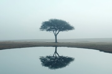 A solitary tree stands by a calm, reflective water body, surrounded by misty tranquility, creating a serene and peaceful atmosphere.