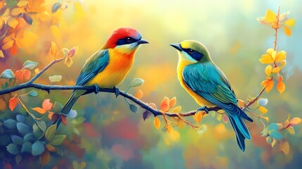 Fototapeta premium Colorful birds perched on branch, autumn leaves, soft light, nature scene, greeting card