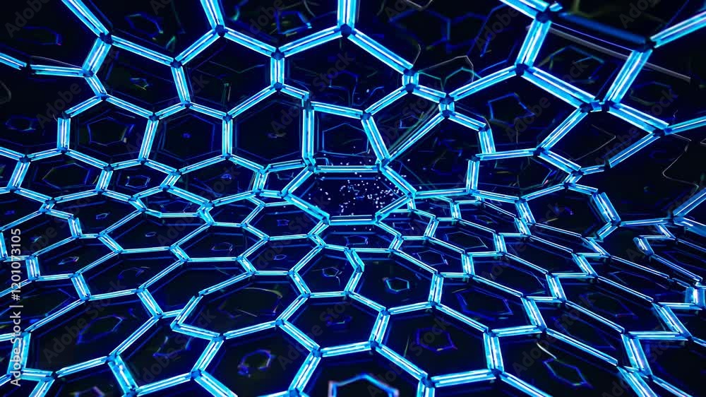 Poster exploring a captivating blue neon hexagonal pattern in a digital environment