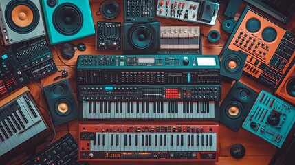 A vibrant digital music production setup with keyboards, mixers, and monitors