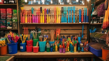 A vibrant display of colorful garden tools and seeds at a local store