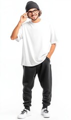 Fototapeta premium Mockup of a plain white oversized t-shirt on a man, ideal for branding and design