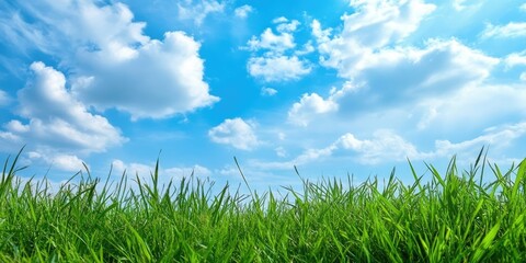 Vibrant green grass foreground against a bright blue sky with fluffy white clouds creating a serene natural landscape ideal for design purposes