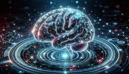 A glowing holographic brain floats above a digital interface, surrounded by interconnected nodes and data streams representing advanced neuroscience and artificial intelligence.

