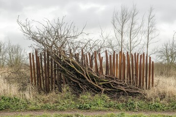 Obraz premium Metal posts surround brushwood in an outdoor setting.