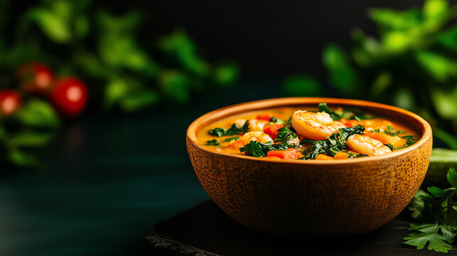 Brazilian Tacaca soup with jambu leaves and prawns, served in a natural gourd bowl with Amazonian foliage in the background, [Unique Amazonian cuisine, rare regional flavors]