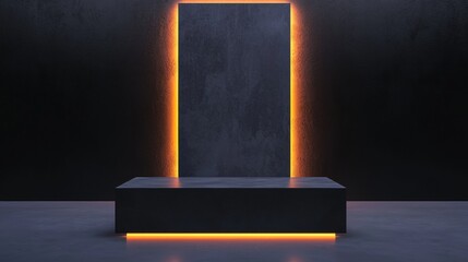 Dark room with a concrete wall in the background. in the center of the image, there is a large rectangular panel with an orange glow emanating from it.
