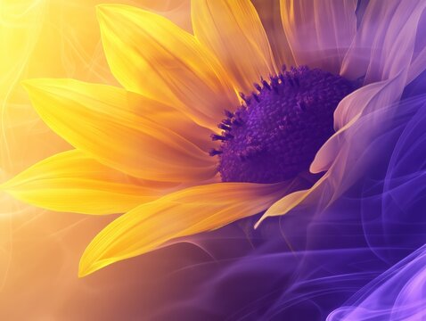 Abstract Sunflower: Yellow Petals with Purple Center on Colorful Background - Made with Generative AI