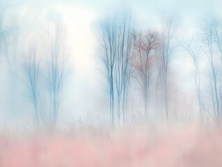 Obraz premium Misty forest landscape with faint silhouettes of trees in a soft blue and gray atmosphere