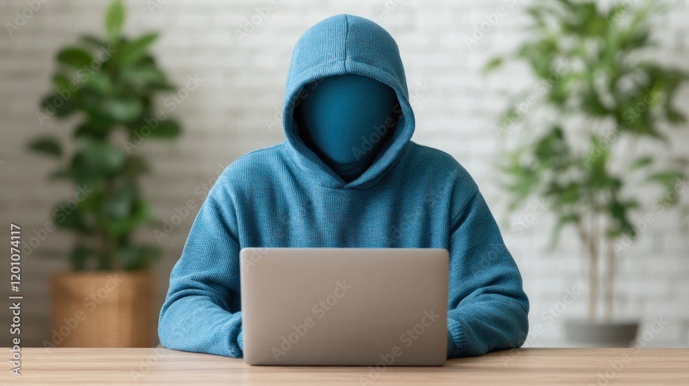 Poster anonymous person in blue hoodie using laptop computer at home office desk