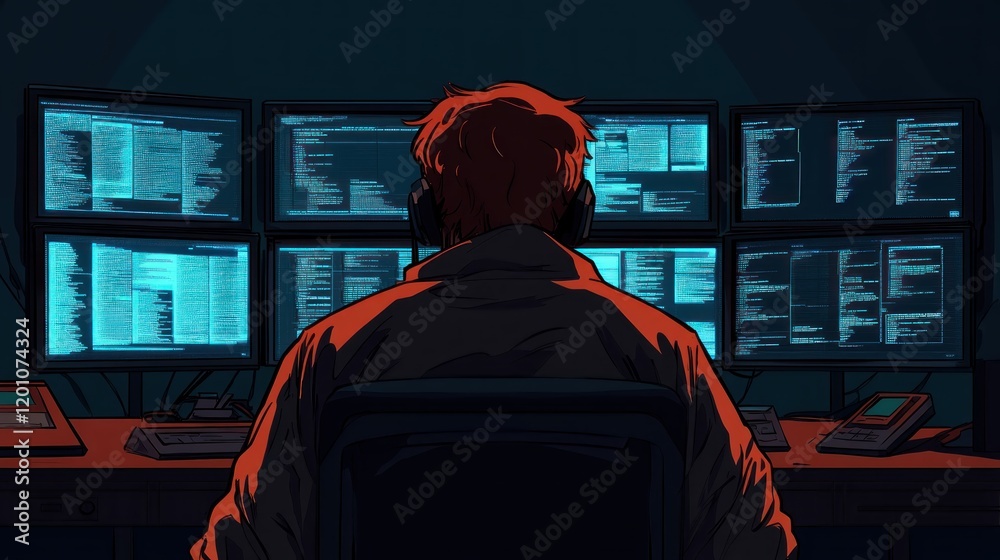 Poster Cybersecurity Expert Monitoring Multiple Screens with Code Night Scene