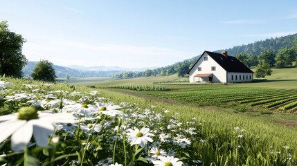 Farmhouse in a Daisy Field