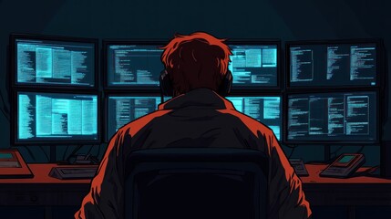 Obraz premium Cybersecurity Expert Monitoring Multiple Screens with Code Night Scene