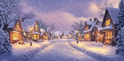 Fototapeta premium A Snowy Village Street at Christmastime with Cozy Houses