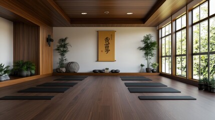 Yoga session in tranquil studio peaceful atmosphere indoor space relaxation focus
