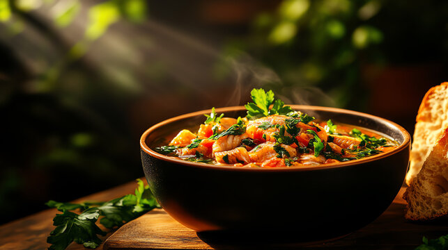 Chilean Caldillo de Congrio eel stew, served with crusty bread in a coastal fishing village, [Rare seafood delicacies, vibrant flavor]