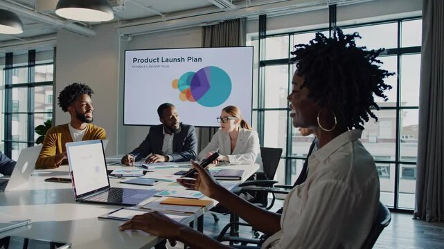 Team collaborates to finalize product launch plan during meeting in modern office space