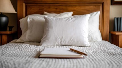 Obraz premium Cozy Bedroom Scene White Bedding Notebook and Pencil on a Quilted Bed