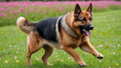 Red and black german shepherd dog in flower field