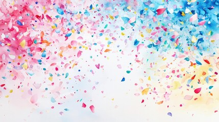 Naklejka premium Confetti watercolor idea. Vibrant confetti burst in pink and blue hues against a white background, perfect for celebrations.