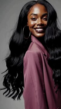 A stunning African American woman with flawless makeup, posed elegantly in a minimalistic beige studio. Her black hair cascades in big, soft waves, styled extra long for a glamorous look