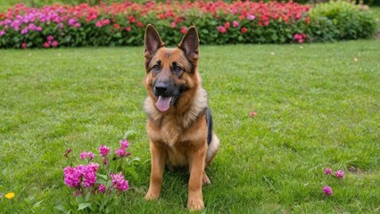 Red and black german shepherd dog in flower field