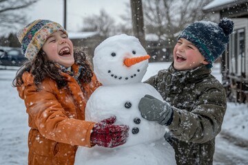 Two children laugh joyfully while creating a snowman on a snowy winter day. They are bundled up in warm clothing, enjoying the fun of outdoor play in the fresh snow
