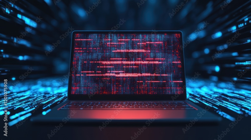 Poster Cyber Security Data Breach Laptop Screen Displaying Red Alert Code Digital Background