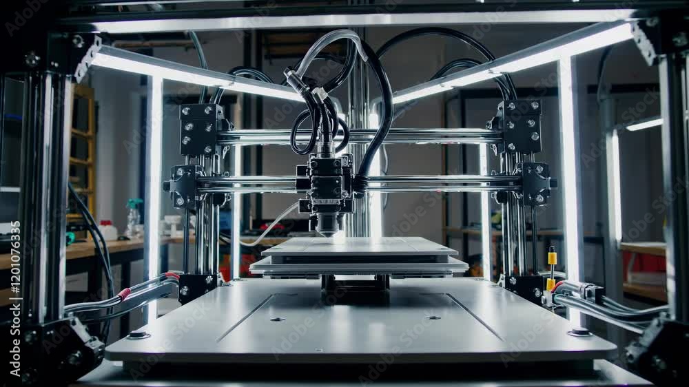 Poster Exploring the intricate process of 3D printing in a modern workshop setting