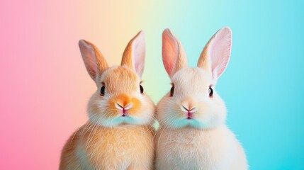 Obraz premium Easter watercolor concept. Two adorable rabbits posing together against a vibrant pastel background.