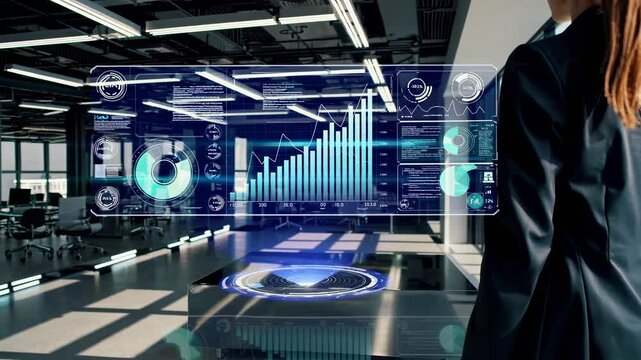 Business professional interacts with futuristic holographic interface in a modern office setting during daytime. FVX, HUD, FUI style.