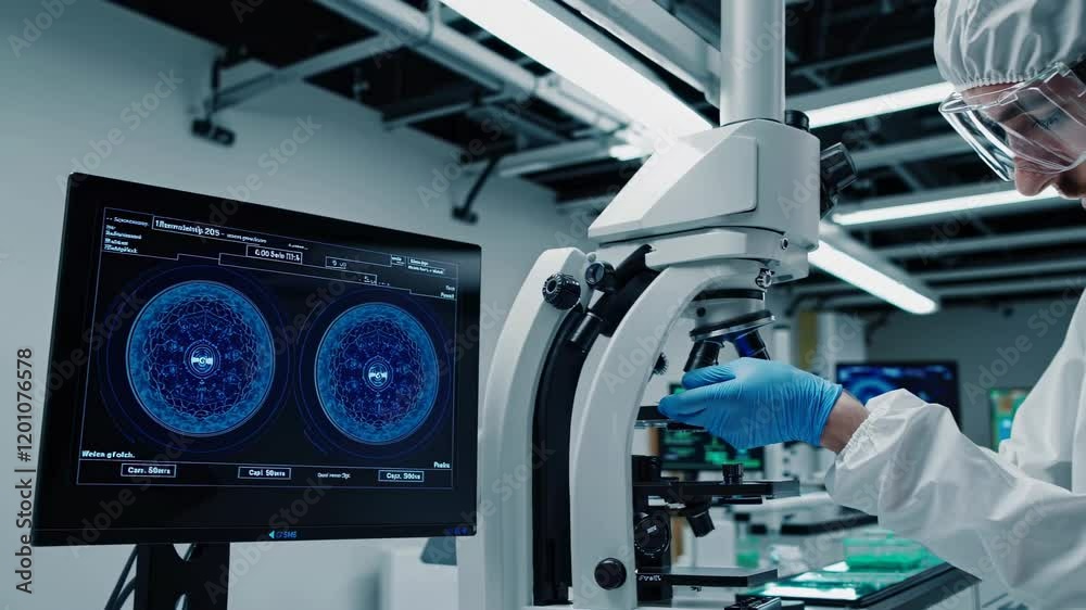 Aufkleber scientist in protective suit conducts research using microscope in modern laboratory