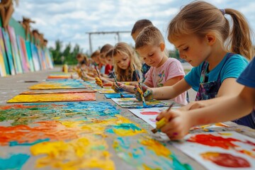 Groups of children engage in a joyful art workshop outdoors, using vibrant colors to create beautiful paintings. The atmosphere is lively and creative as they collaborate and have fun