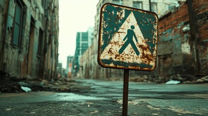 Pedestrian sign in deteriorated urban street.