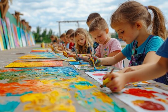 Groups of children engage in a joyful art workshop outdoors, using vibrant colors to create beautiful paintings. The atmosphere is lively and creative as they collaborate and have fun