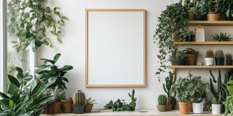 Vintage living room with a wooden mockup frame on a white wall surrounded by greenery including various plants and cacti in chic pots and shelves