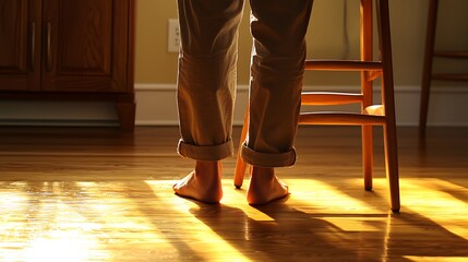 Fototapeta premium Sunlit Hardwood Floor, Bare Feet, Home Interior, Calm