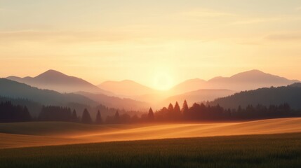 Obraz premium Serene Sunrise over Misty Mountains and Golden Fields Scenic Landscape Photography