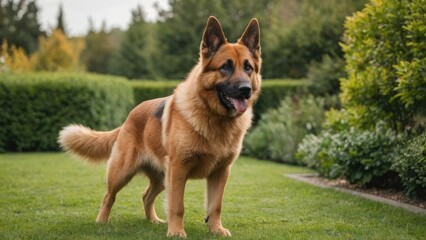 Red and black german shepherd dog in the garden