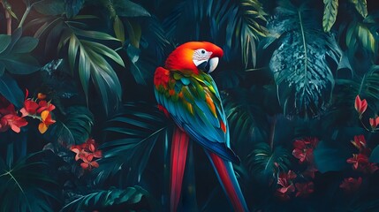 Fototapeta premium Vibrant macaw amidst lush jungle foliage