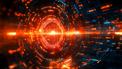 Orange digital tunnel, data stream, futuristic background, tech presentation