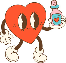 Cute heart character holding love potion bottle, expressing joy and affection
