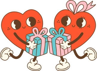 Cute hearts couple holding gift boxes, expressing love and joy
