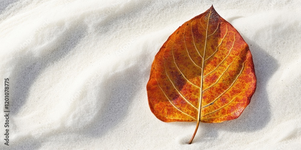 Wall mural Vibrant aged leaf in yellow and red tones resting on fine white sand, textured background showcasing natural beauty and contrast in composition.