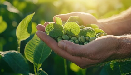 Close-up of a farmer s hands holding a handful of soybeans, with lush green soybean plants in the background under natural sunlight