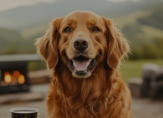 Obraz premium Happy Golden Retriever Dog Outdoors Smiling Close Up Portrait Furry Pet
