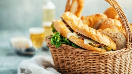 Delicious Pastrami and Cheese Sandwiches in a Wicker Basket with Bread Rolls