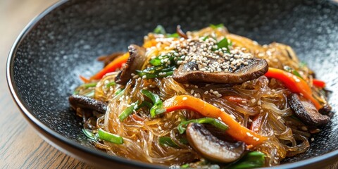 Stir fried Japchae with vibrant vegetables and mushrooms in a black bowl garnished with sesame seeds on a wooden table background.