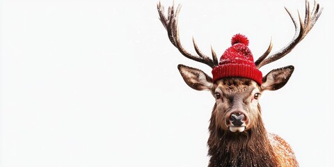 Red deer with large antlers and a festive red Christmas hat on a white background with a blank banner on the left for customizable text