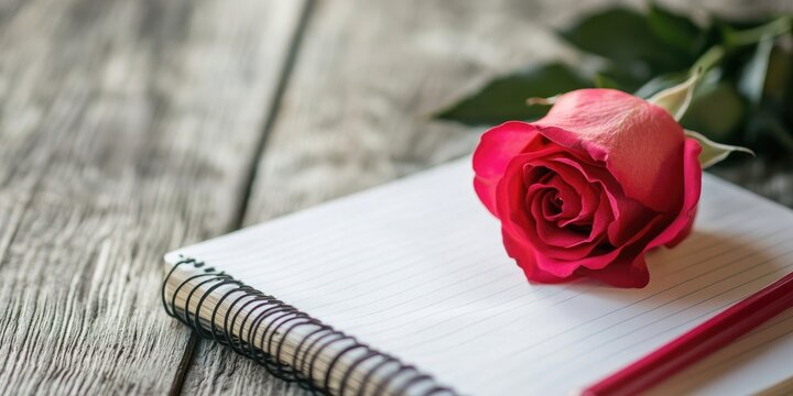 Motivational quote notebook on wooden surface featuring a pink rose positioned on the left with green leaves creating a warm sentiment for Mother's Day